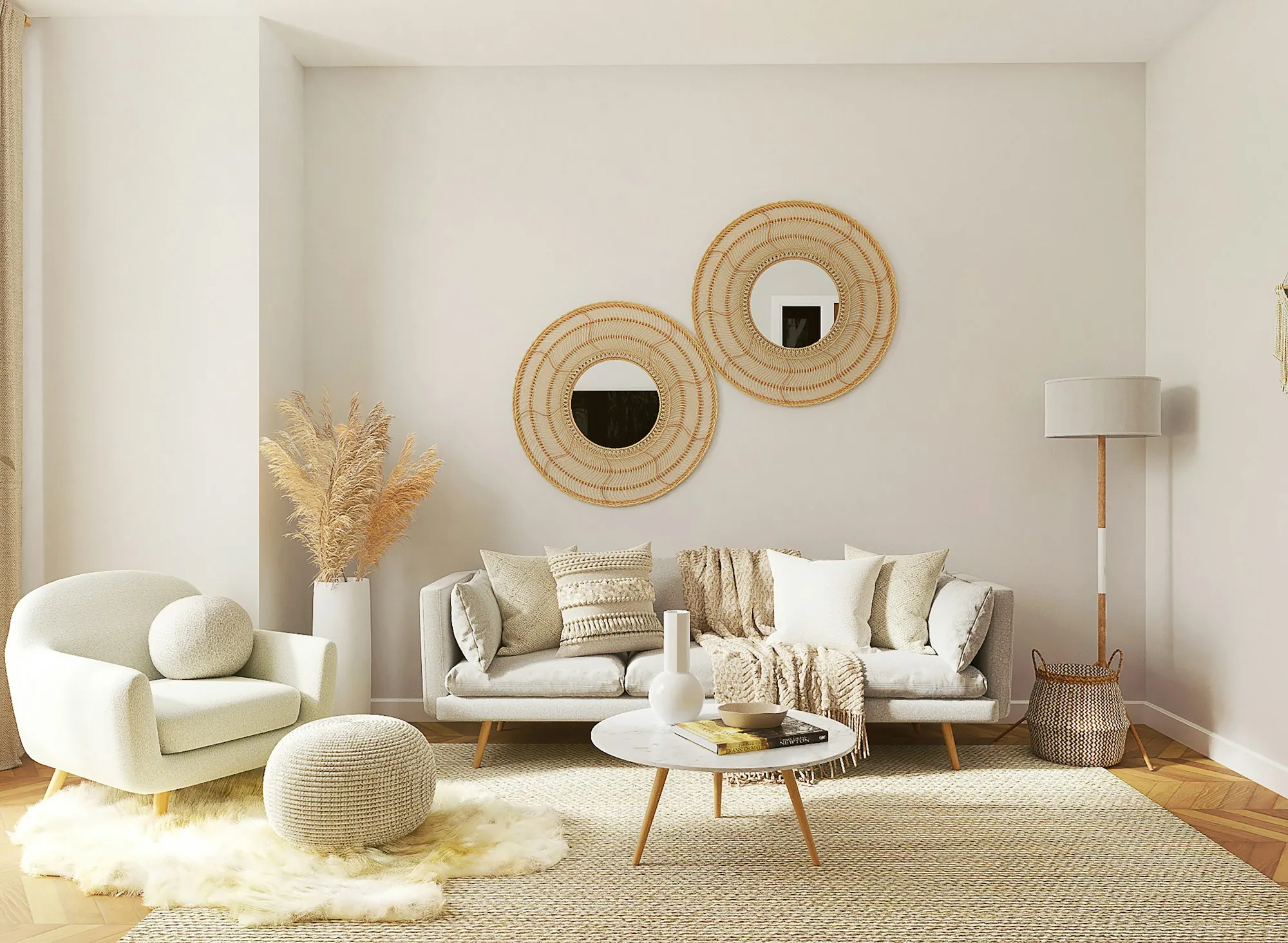 Living room with a cream sofa and woven accents